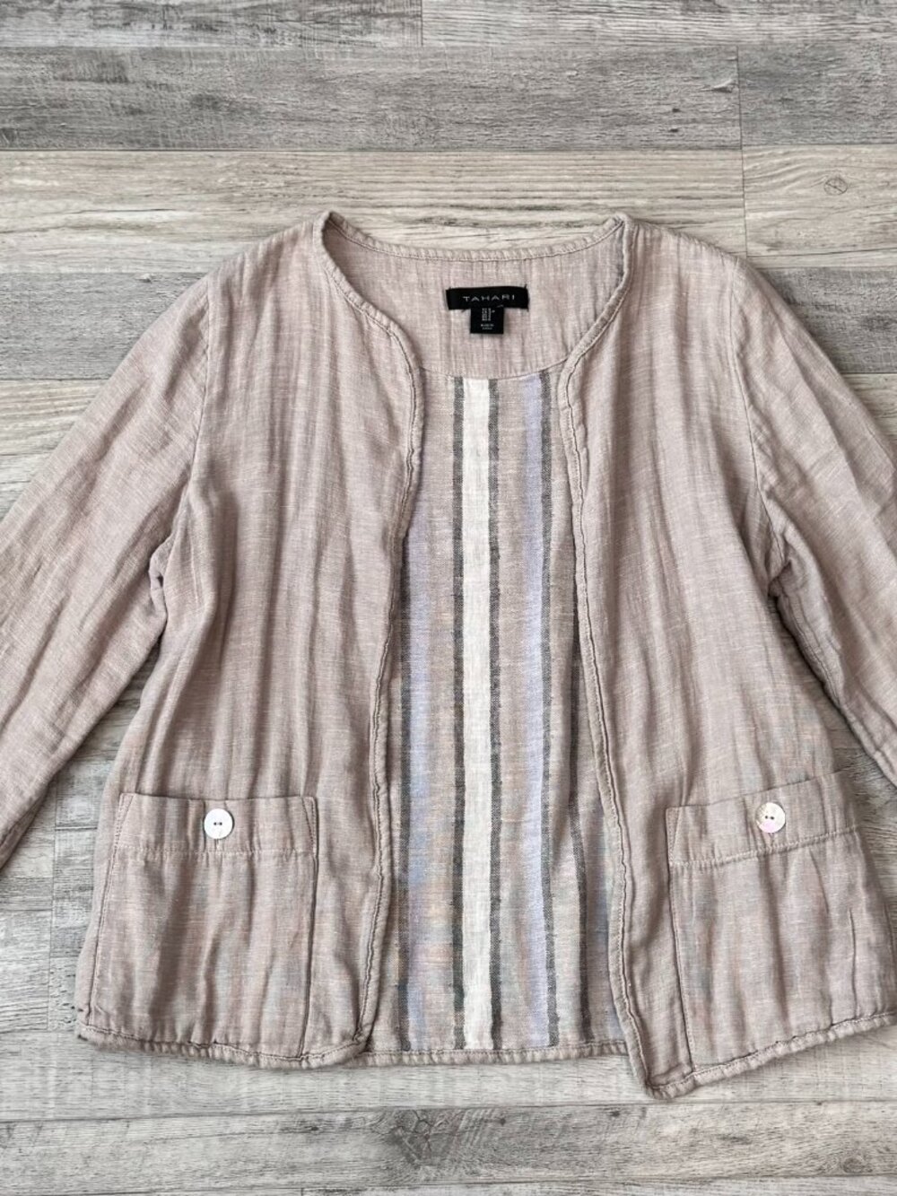 Tahari beige/grey linen blend open front jacket cardigan size small B43